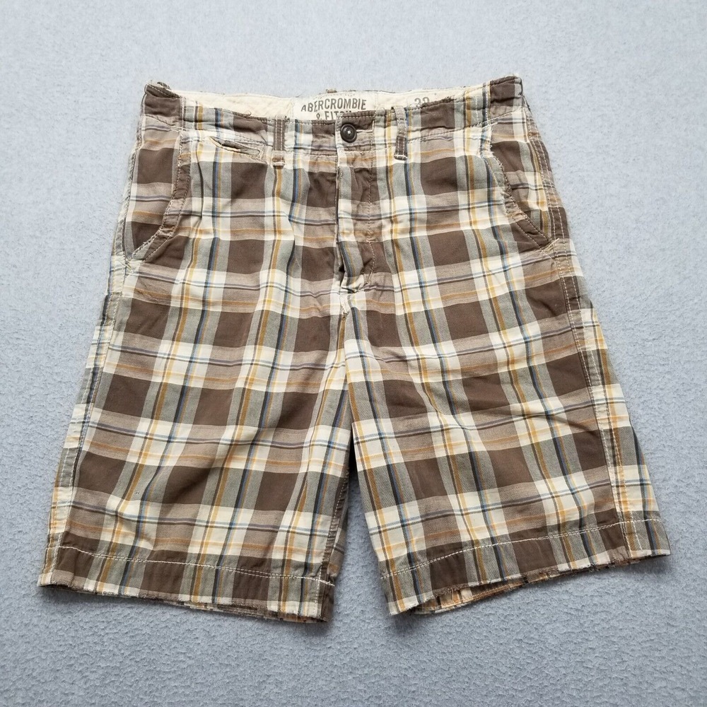 Abercrombie & Fitch Shorts Mens 32 Brown Plaid Chino Pockets Casual Cotton